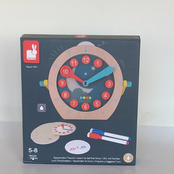 Janod Wooden Clock Toy -Learn To Tell The Time w/Accessories New Sealed Age 5+ - Picture 10 of 16